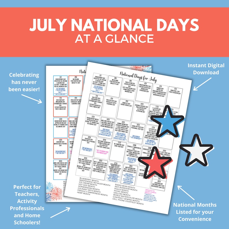 Printable July National Day Calendar Holiday Tracker at a Etsy