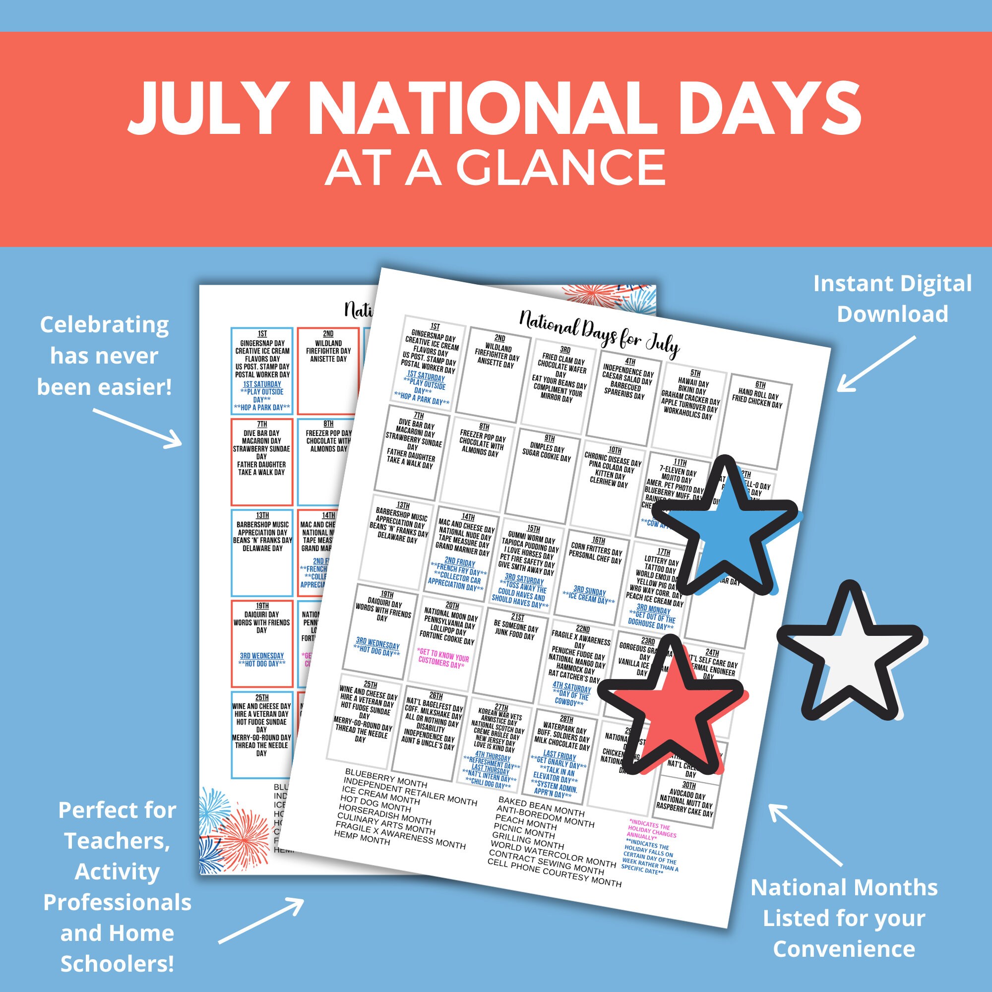 Printable July National Day Calendar Holiday Tracker at a Glance Summer