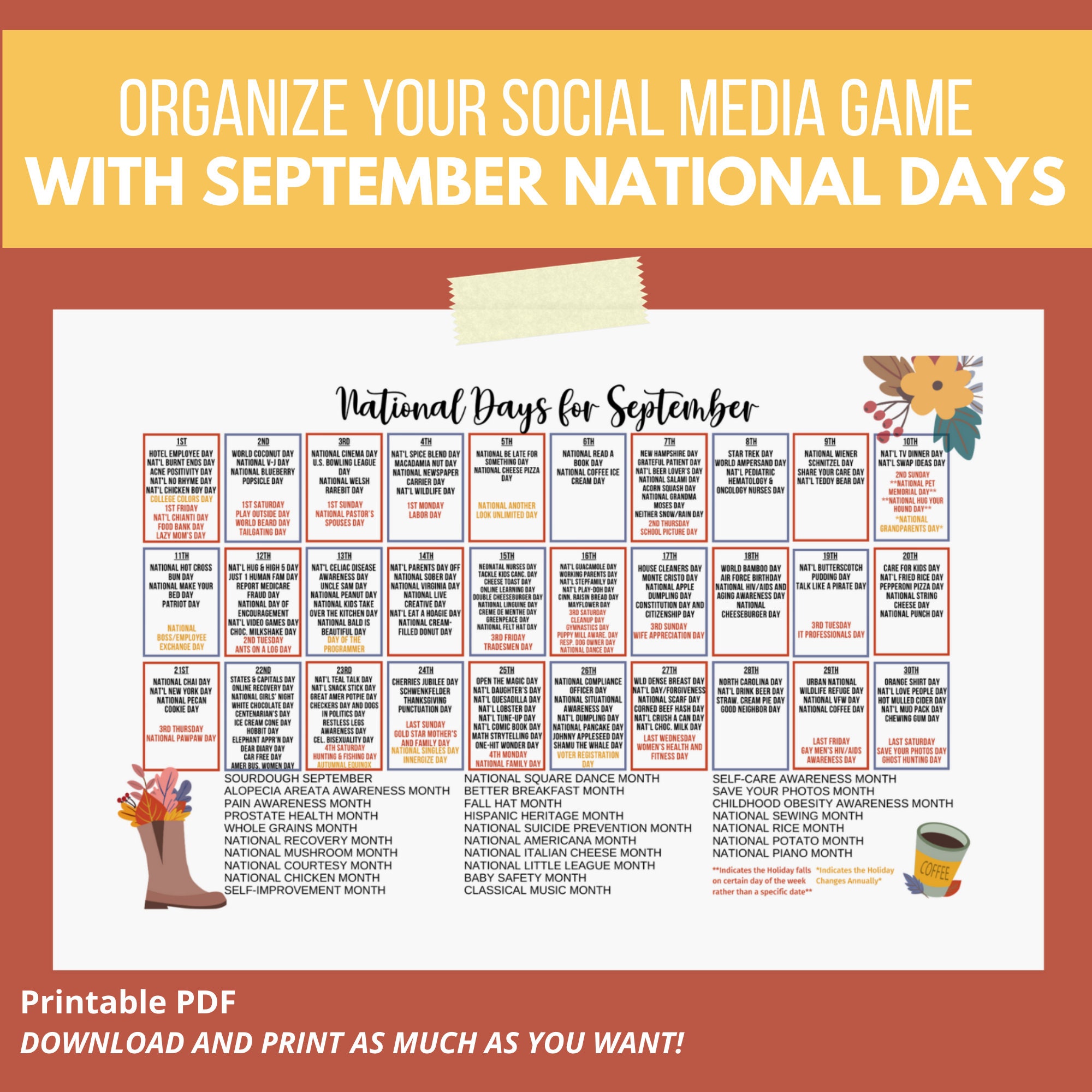 Printable September National Day Calendar Holiday Tracker at a Glance