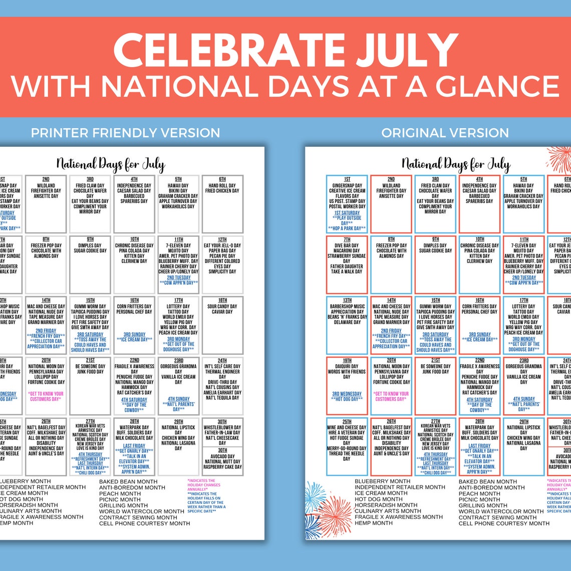 Printable July National Day Calendar Holiday Tracker at a Glance Summer