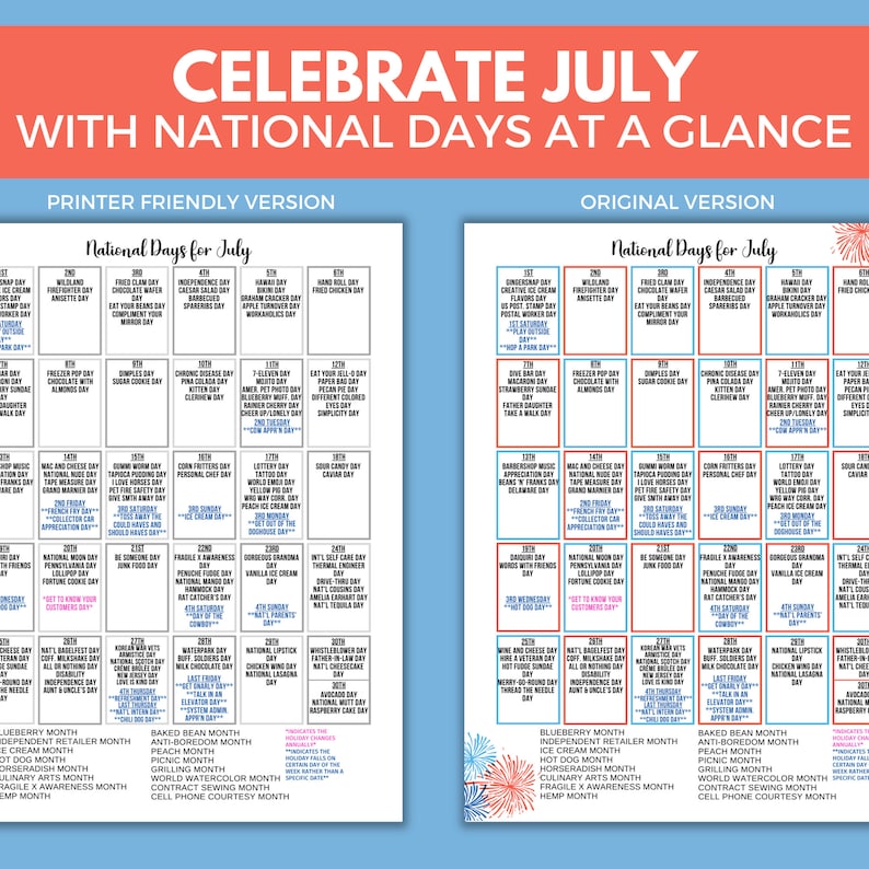 Printable July National Day Calendar Holiday Tracker at a Etsy