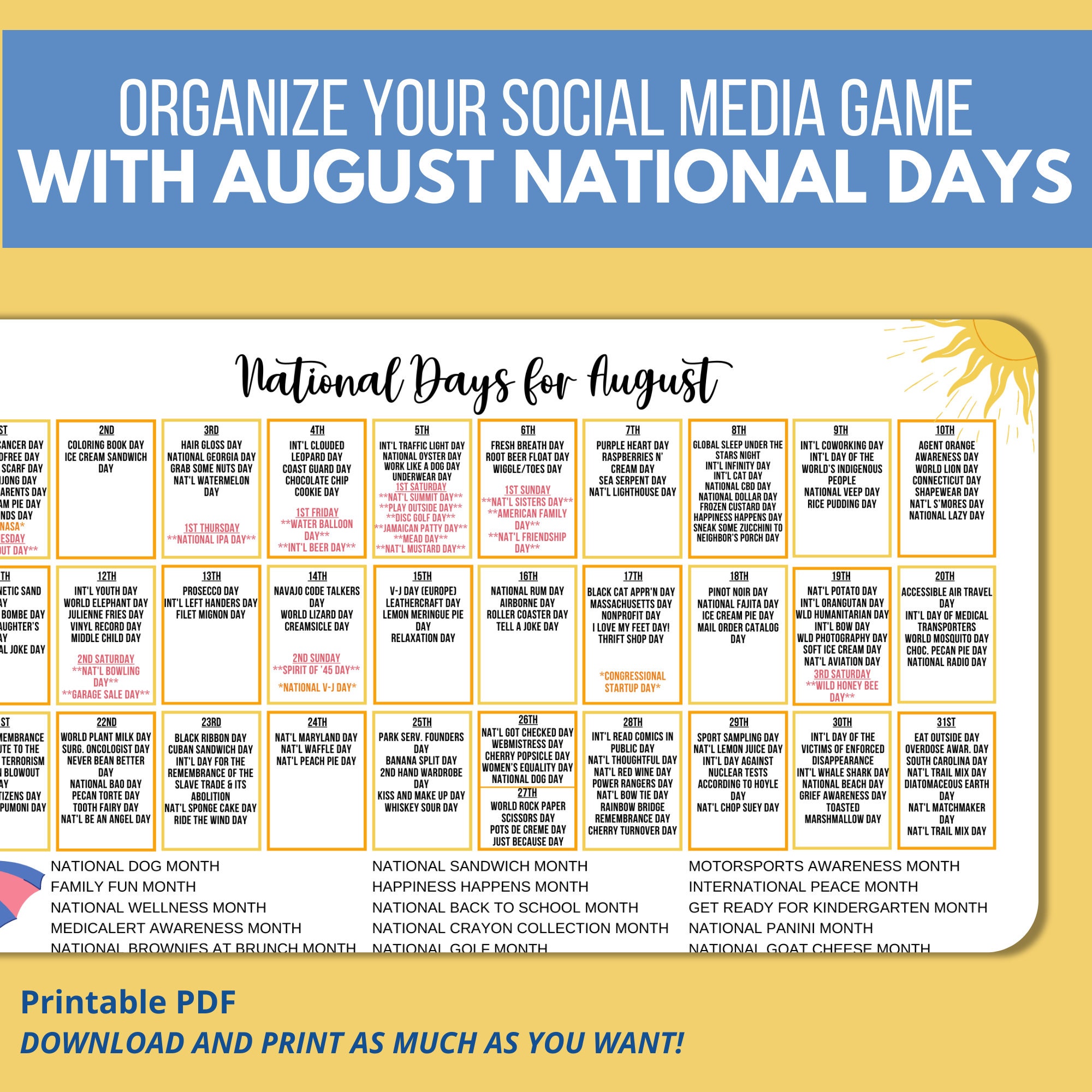 Printable August National Day Calendar Holiday Tracker at a Etsy