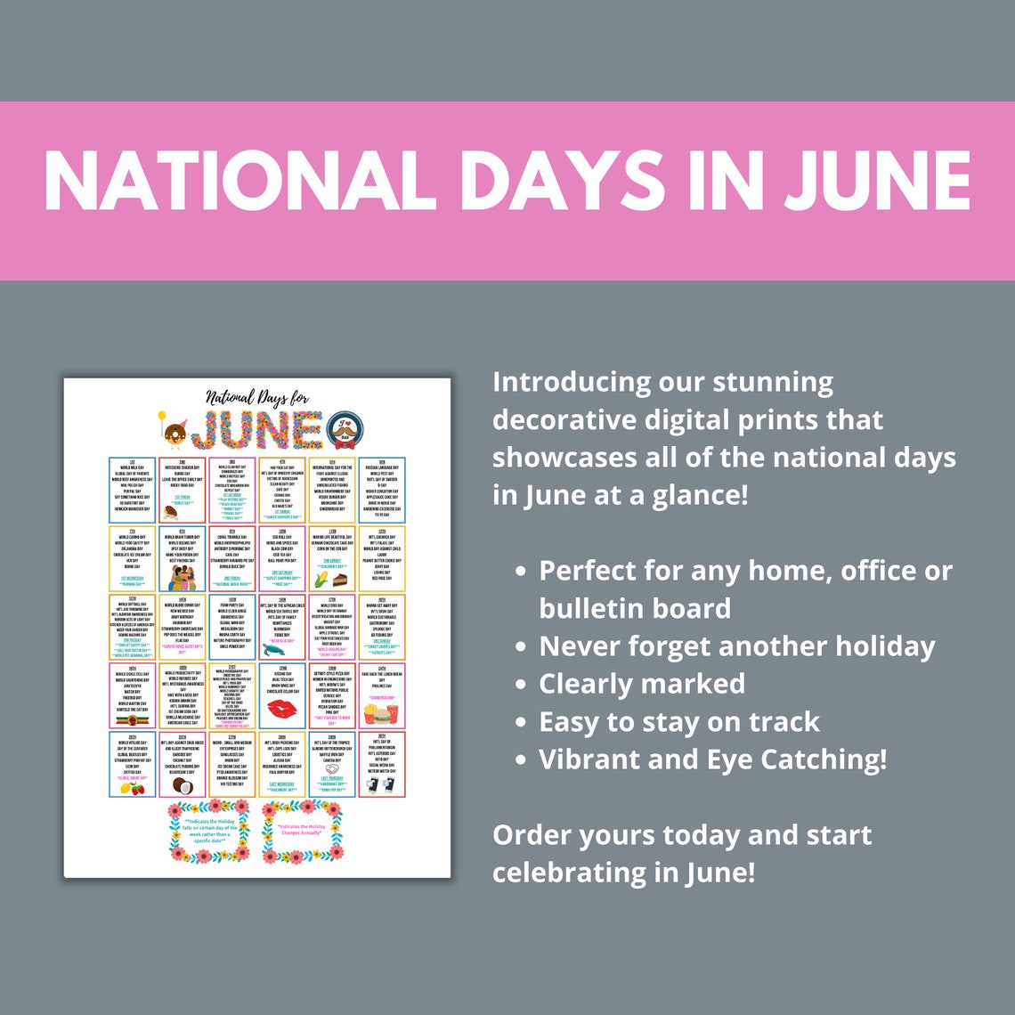 June National Day Calendar Printable at a Glance Holiday Etsy