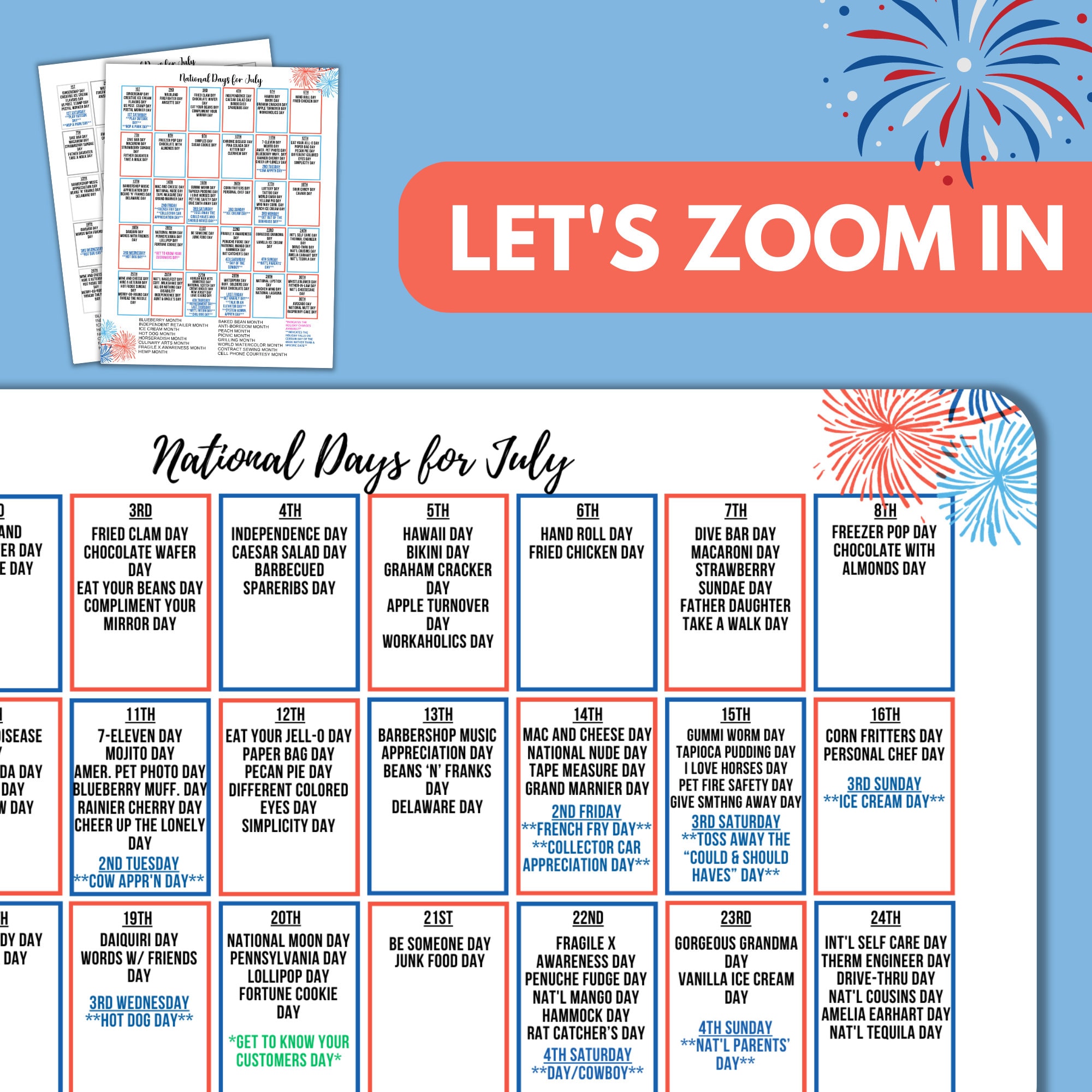 Printable July National Day Calendar Holiday Tracker at a Glance Summer