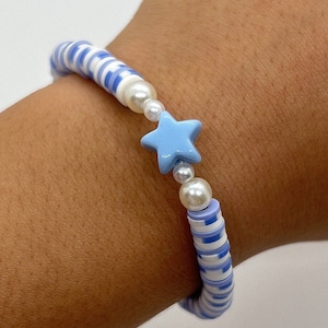 Handmade Heishi Star Bracelet | White, Periwinkle, And Blue Bracelet | Clay Bead | Summer | Preppy | Pearl | Star Bead | Blue |