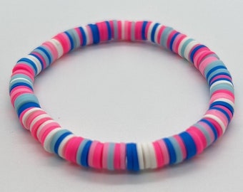 Preppy Bracelet | Clay Bead | Light Pink, Hot Pink, White , Light Blue, And Dark Blue |