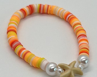 Oranges Heishi Armband | Orange, Weiß, Gelb und Koralle | Tonperle | Bunt | Preppy | Perle | Seestern |