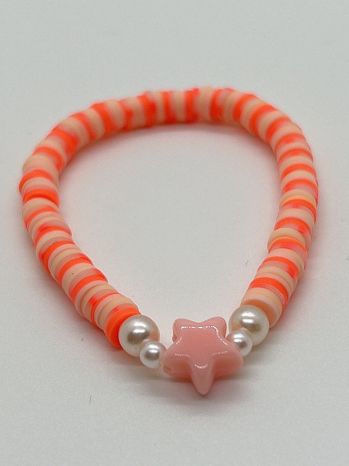 Handmade Heishi Star Bracelet | Orange, Coral, And Beige Bracelet | Clay Bead | Summer | Preppy | Pearl | Star Bead |