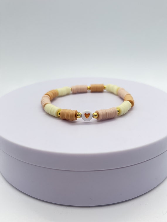 Linen brown and white clay bead bracelet with golden beads coffee colors  clay bead bracelet
