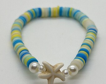 Heishi Starfish Bracelet | Blue, Yellow, And Clear Clay Bead | Summer | Preppy | Pearl | Summer | Beachy |