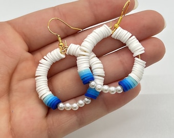 Light Blue, Dark Blue, And White Earrings | Clay Bead | Summer  | Preppy | Pearl |