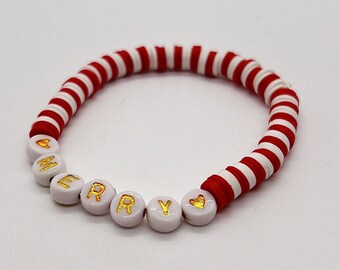 Red and White Preppy Bracelet | Clay Bead | Gold Letters | Christmas Bracelet |