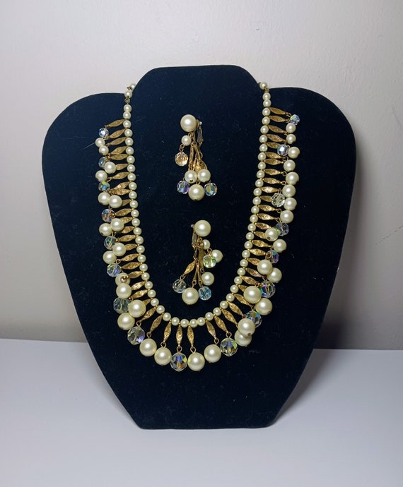 Necklace and Earrings -  Vintage Pearl and Crystal