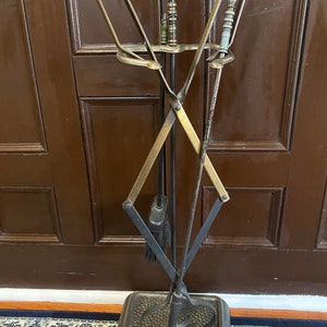 Antique 3 Piece Fireplace Tool Set with Stand // Cast Iron & Brass Fireplace Tongs, Poker and Brush in Stand