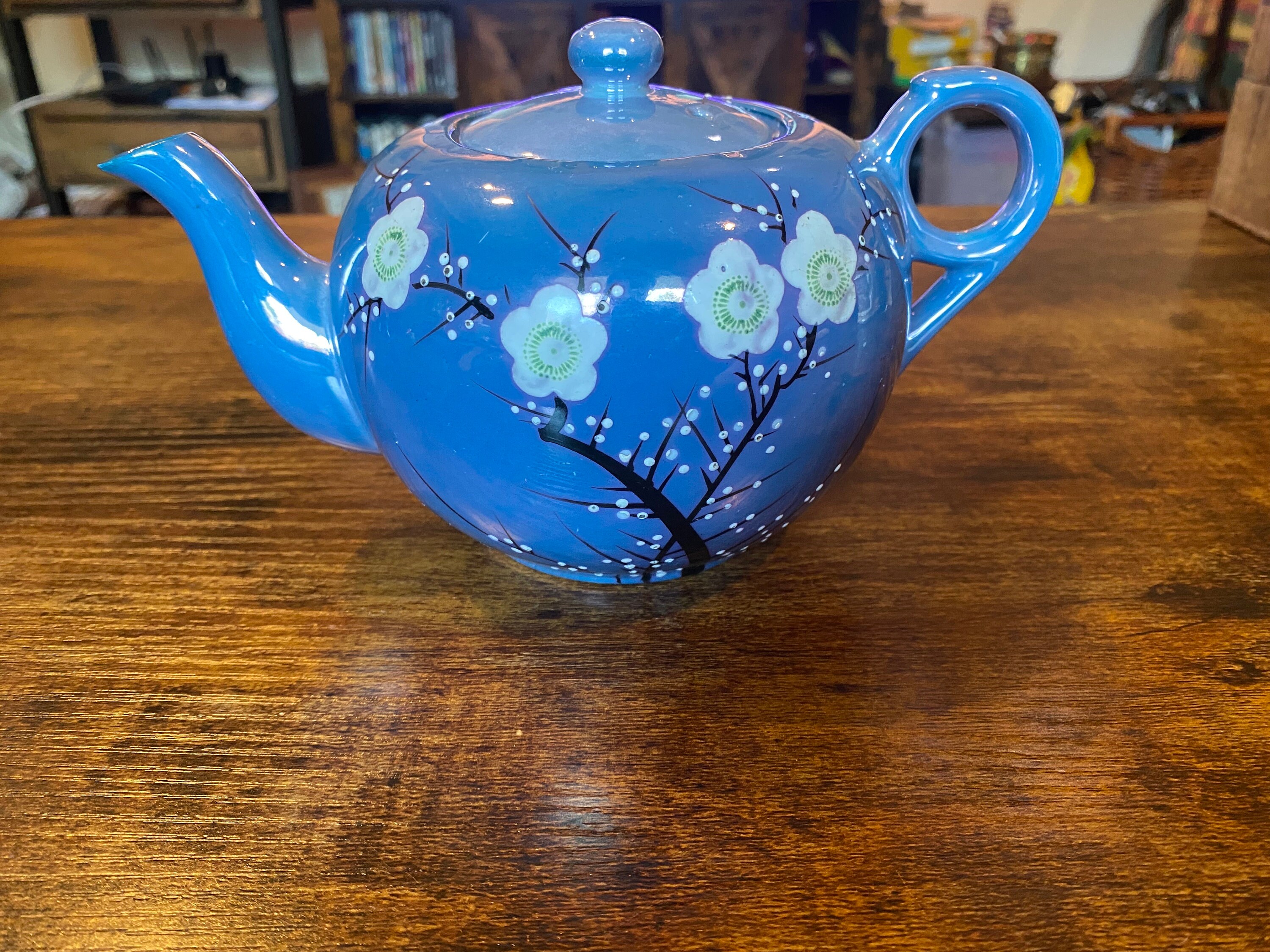 1950s Japanese Blue Lusterware Teapot With Handpained Cherry Etsy