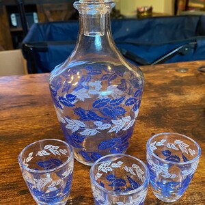 Vintage Verrerie D’Arques Blue & White Leaf Pattern Glass Decanter with 3 Matching Shot Glasses