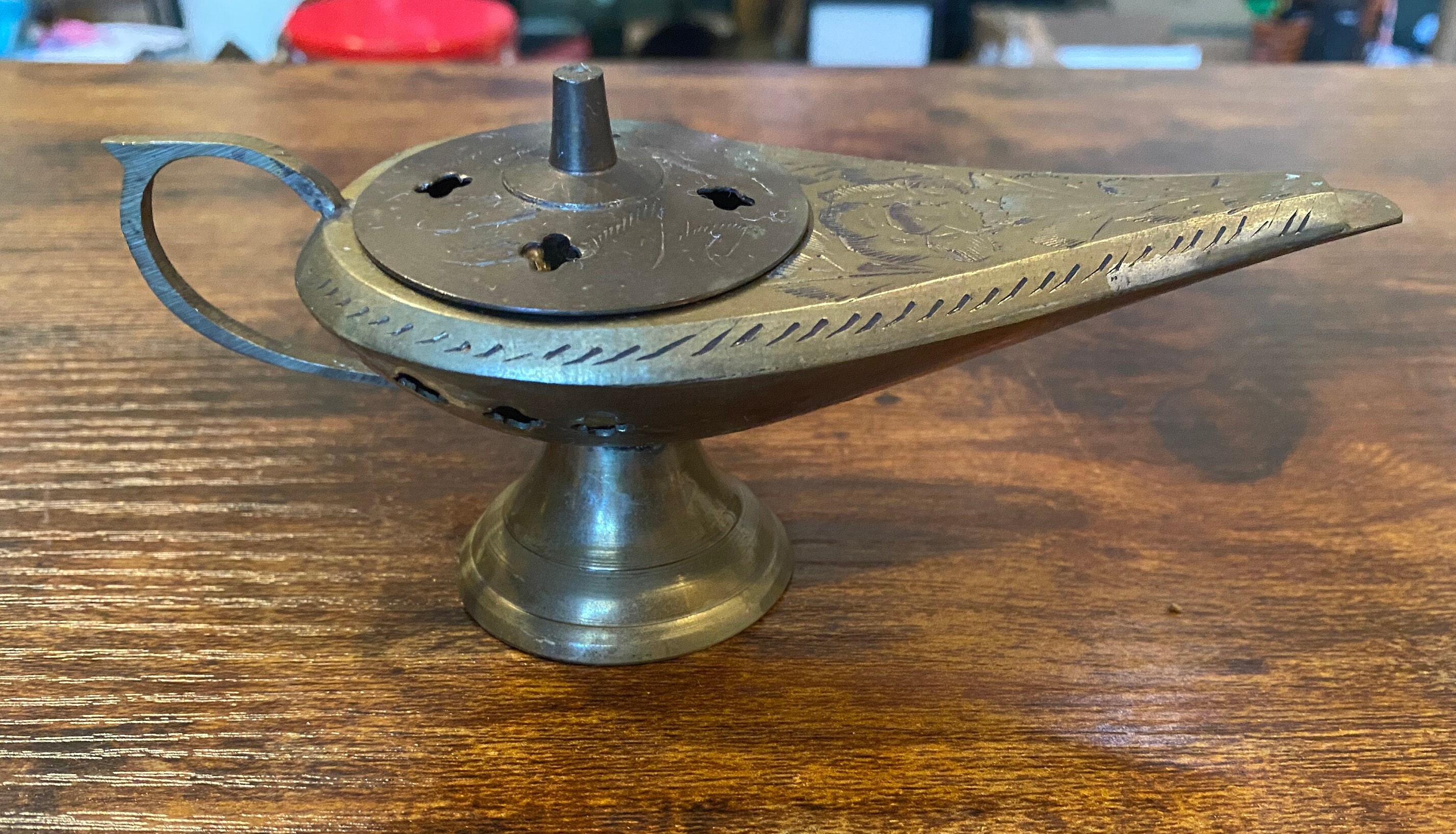 Antique Etched Solid Brass Incense Burner Aladdin Style Lamp 