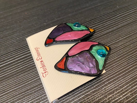 Unique 1980’s Stained Glass Style Earrings - image 4