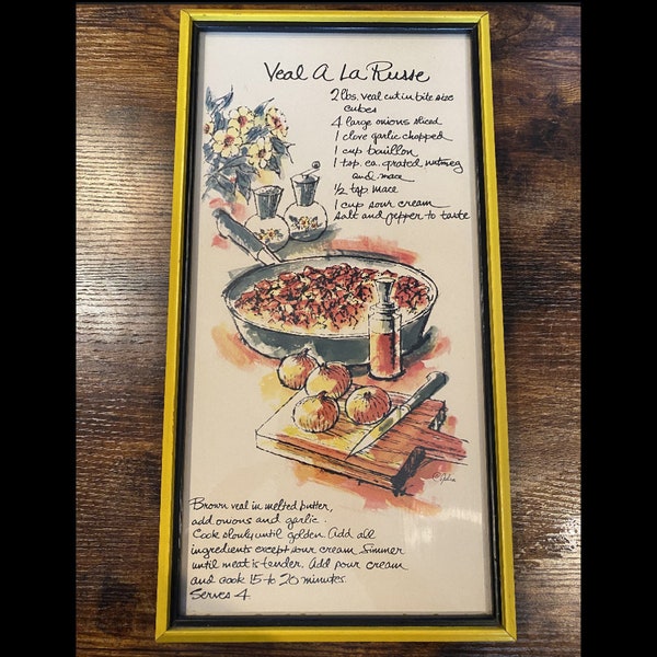 1960’s Illustrated Recipe in Yellow Wooden Frame