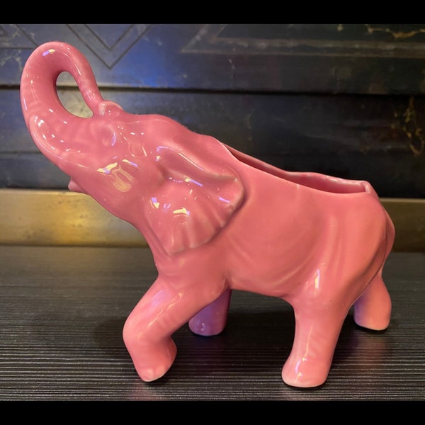 Vintage Glazed Pottery Pink Elephant Indoor Planter