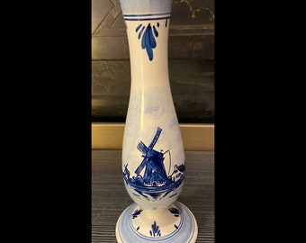 Vintage Handbemalte Delft-Blauw Windmühle & Segelboot Bud Vase