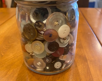 Glass Jar Full of Antique Buttons & Sewing Findings
