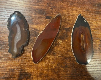 3 Unique Black, Brown & Orange Striated and Spotted Agate Slices