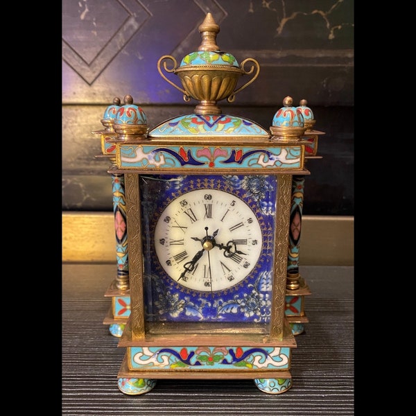 RARE Ornate Antique Chinese Cloisonné Solid Brass Carriage Clock