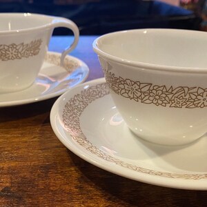 2 Corelle Woodland Brown Hook Handle Cups & Saucers by Corning Ware