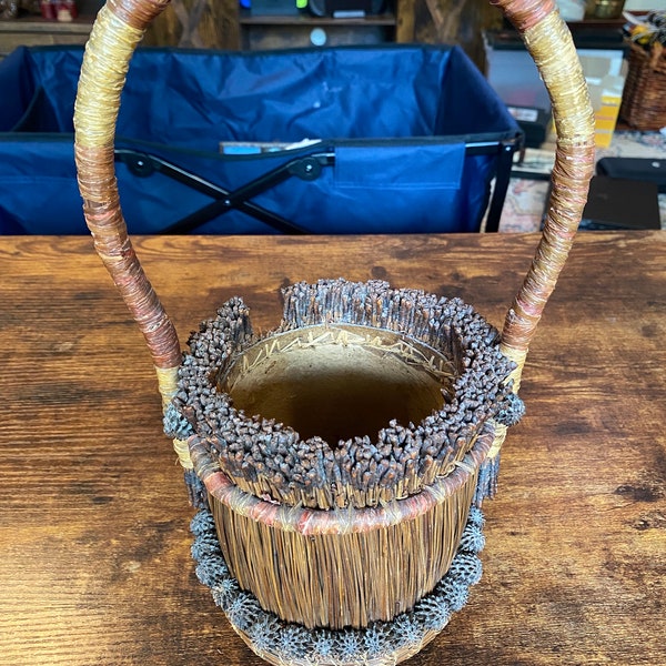 Vintage Handmade Twig & Pinecone Rustic Basket Planter