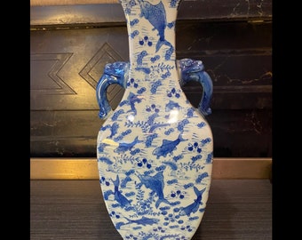 Large Vintage Chinese Blue & White Dragon-Handled Amphora Vase with Koi Fish Design