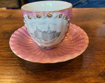 Antique Pink and Gold Porcelain “The Exchange Birmingham” Souvenir Tea Cup & Saucer