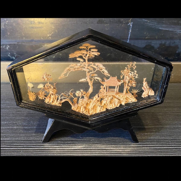 Delicate Chinese Carved Cork Diorama