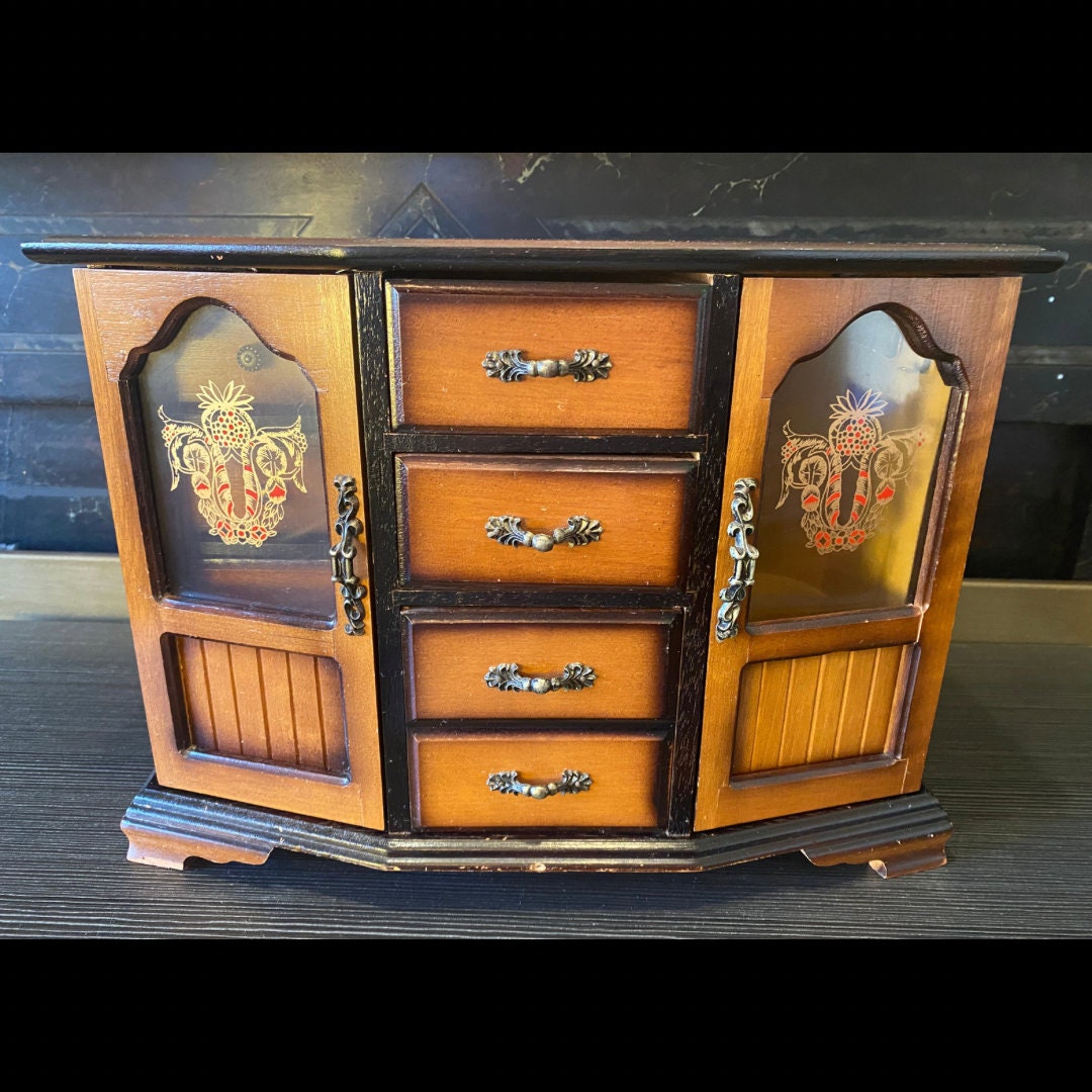 Antique Wooden Tabletop Jewelry Armoire With Red & Gold Crest Glass Doors Etsy