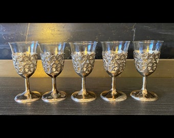 Set of 5 Cordial Glasses with Ornate Silver-Plated Stems