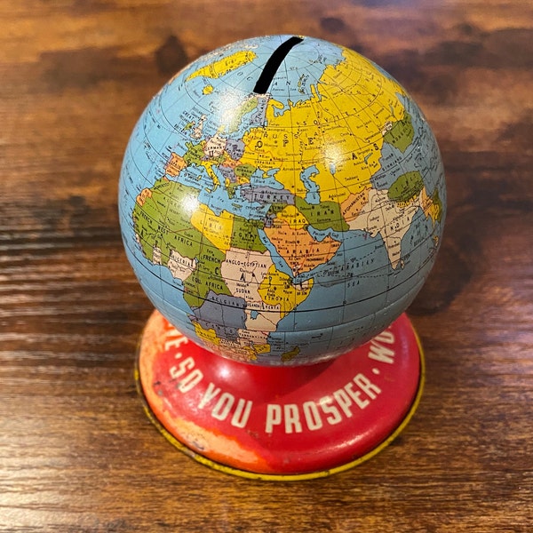 1950’s Mini Tin Globe Coin Bank // Antique Collectible World Bank