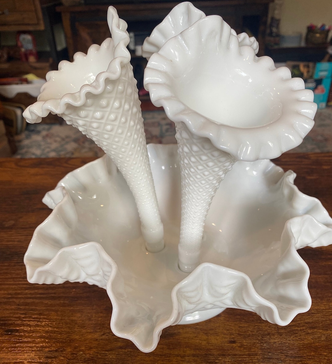 RARE Vintage Fenton Epergne Diamond Hobnail Milk Glass Centerpiece