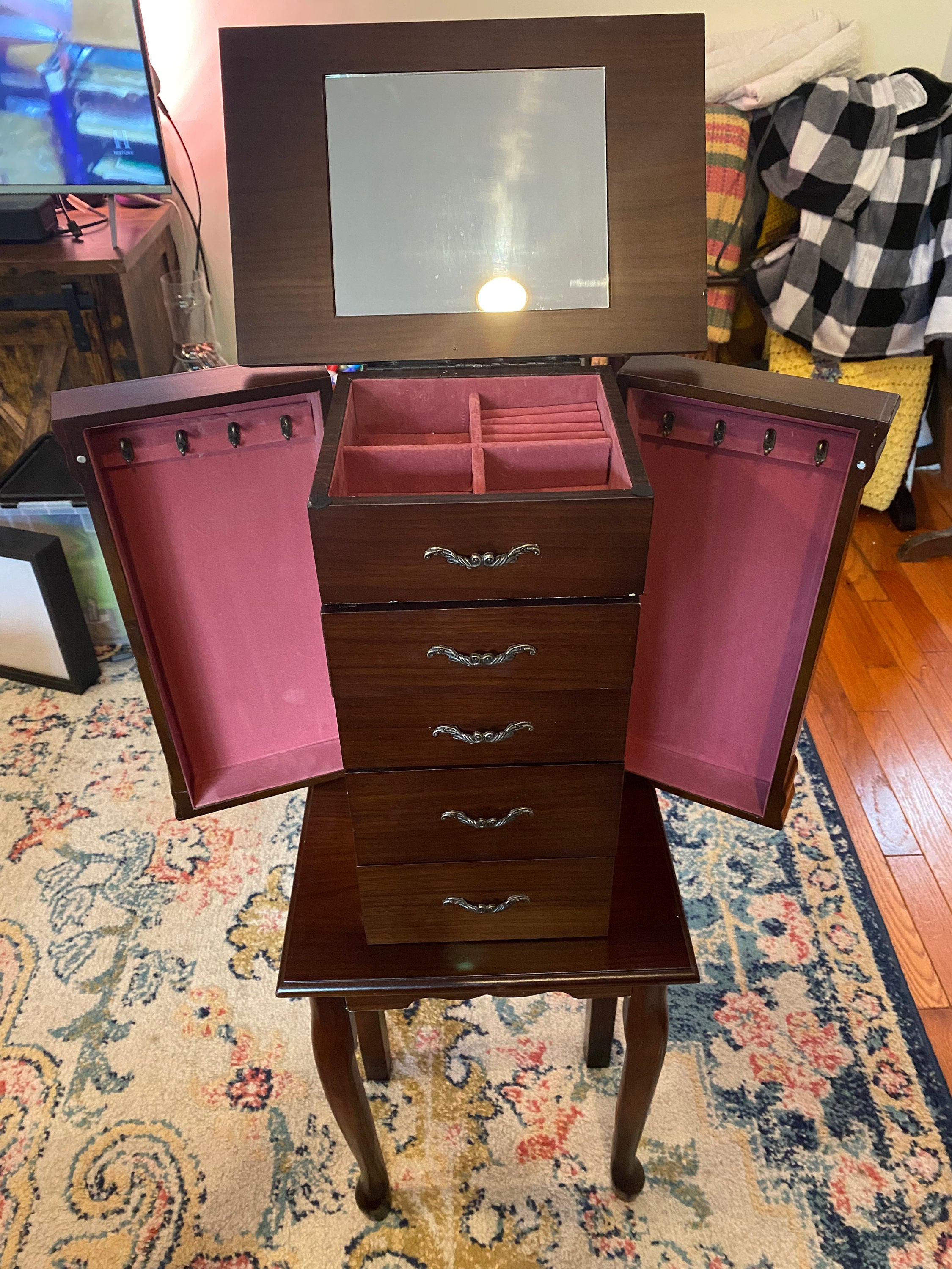 Vintage Wooden Jewelry Armoire Cabinet with Pink Velvet Interior