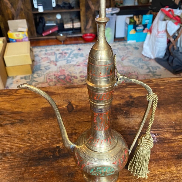 Indian Etched Brass Teapot with Gold Tassel
