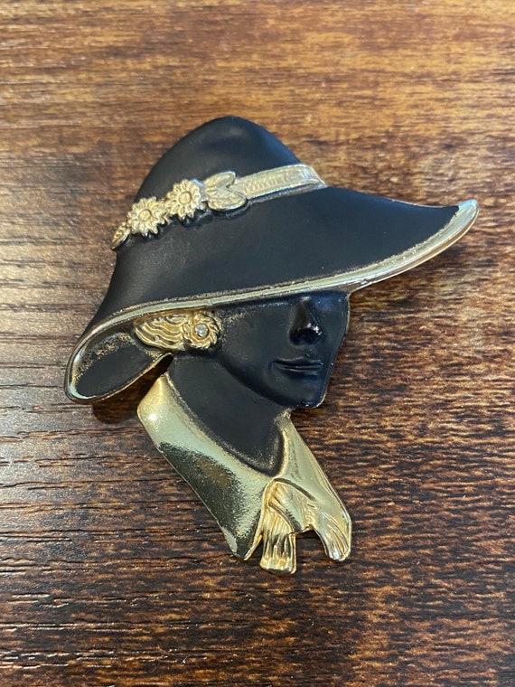 Vintage Torino Matte Black & Gold Lady in Hat Broo