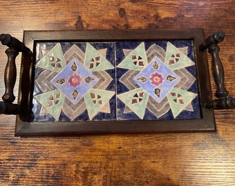 High Quality Vintage Hardwood Tray with Mosaic Ceramic Tile Center