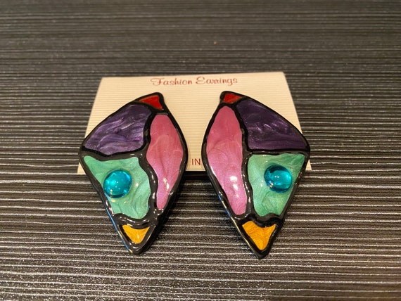 Unique 1980’s Stained Glass Style Earrings - image 2