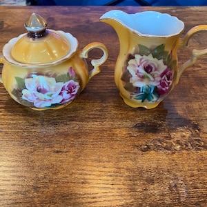 ヴィンテージ マスタードイエロー ロッシーニ シュガーボウル & クリーマーセット ピンクの花柄
