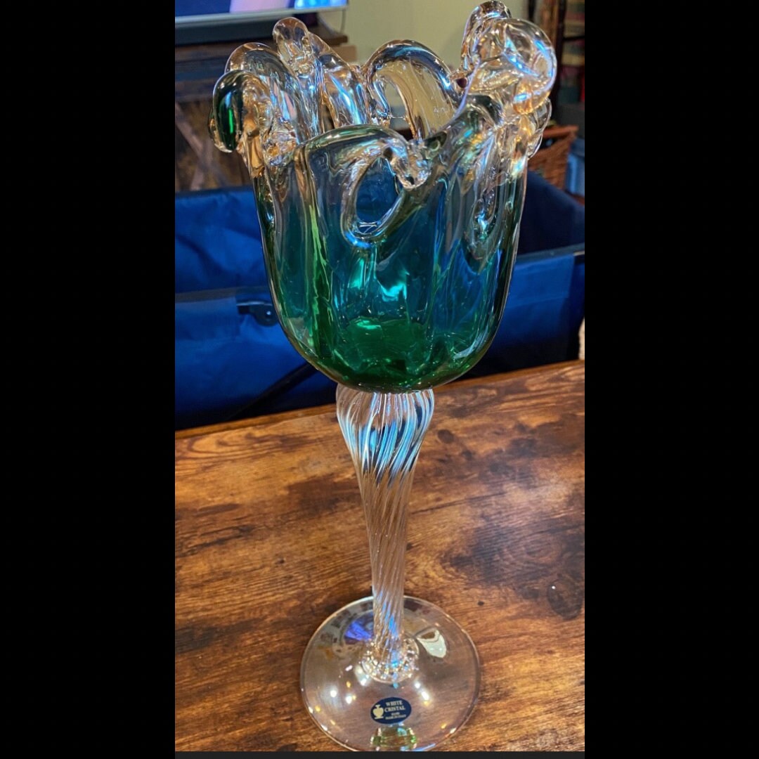 1960's Murano Italy Green & Gold Venetian Glass Crown Top