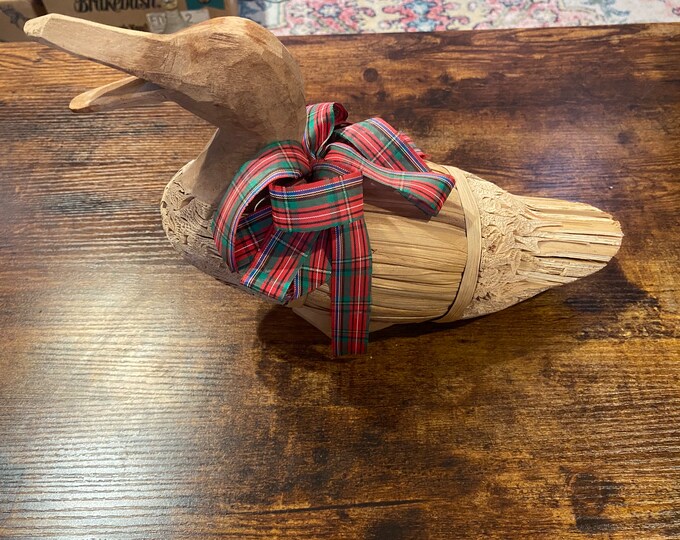 Straw Duck Racing Hand-carved Wood & Straw Duck With Red and Green Plaid Ribbon - Etsy