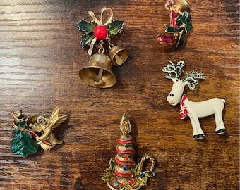 5 Vintage Christmas Enamel Brooches