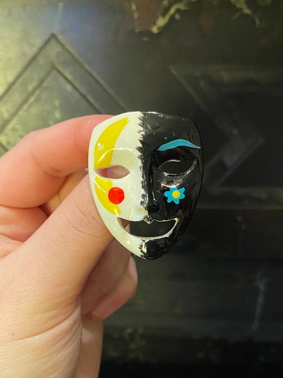 Vintage Handpainted Resin Masquerade Mask Brooch