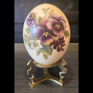 Antique Hand-Decorated Genuine Ostrich Egg on Brass Stand