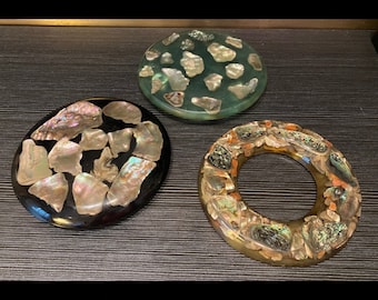 MCM Abalone & Lucite Kitchen Trivets — Set of 3