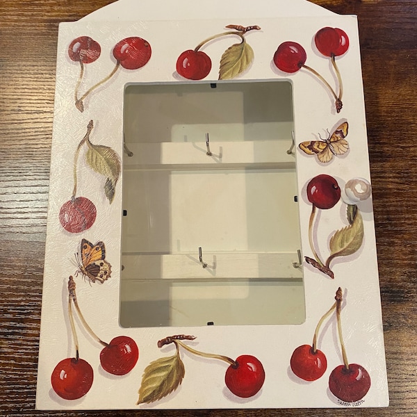 Vintage Hand-Crafted, Hand Painted Mountable Jewelry Cabinet with Glass Windowed Door & 6 Hooks